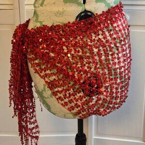 Ruby Red Sequined Hip Scarf for Belly Dancing, Beachwear or Wrap!